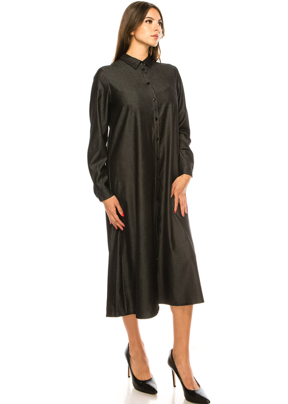 Long Sleeves Black Denim Midi Dress Modest Women Clothing YAL New York